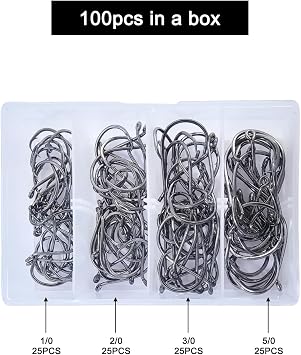 MASTERPRO Saltwater Redfish & Snapper Pack Circle Hooks with Holes, High-Carbon Steel Barbed 1/0 2/0 3/0 5/0 100pcs Portable Boxed Powerful Fishing Hooks