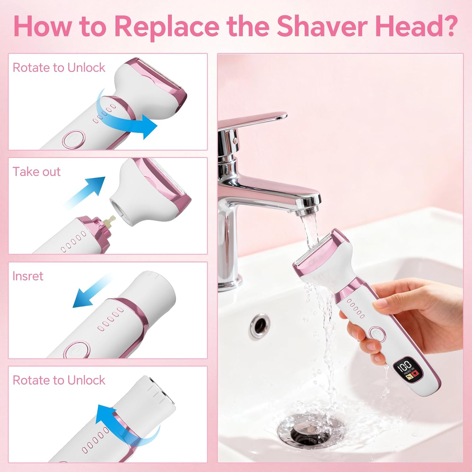 Electric Razor for Women 4-in-1 Bikini Trimmer & Body Shaver for Face, Legs, Underarms, Pubic Hair – Rechargeable Wet/Dry Painless Hair Removal with LED Display (White) - Image 6