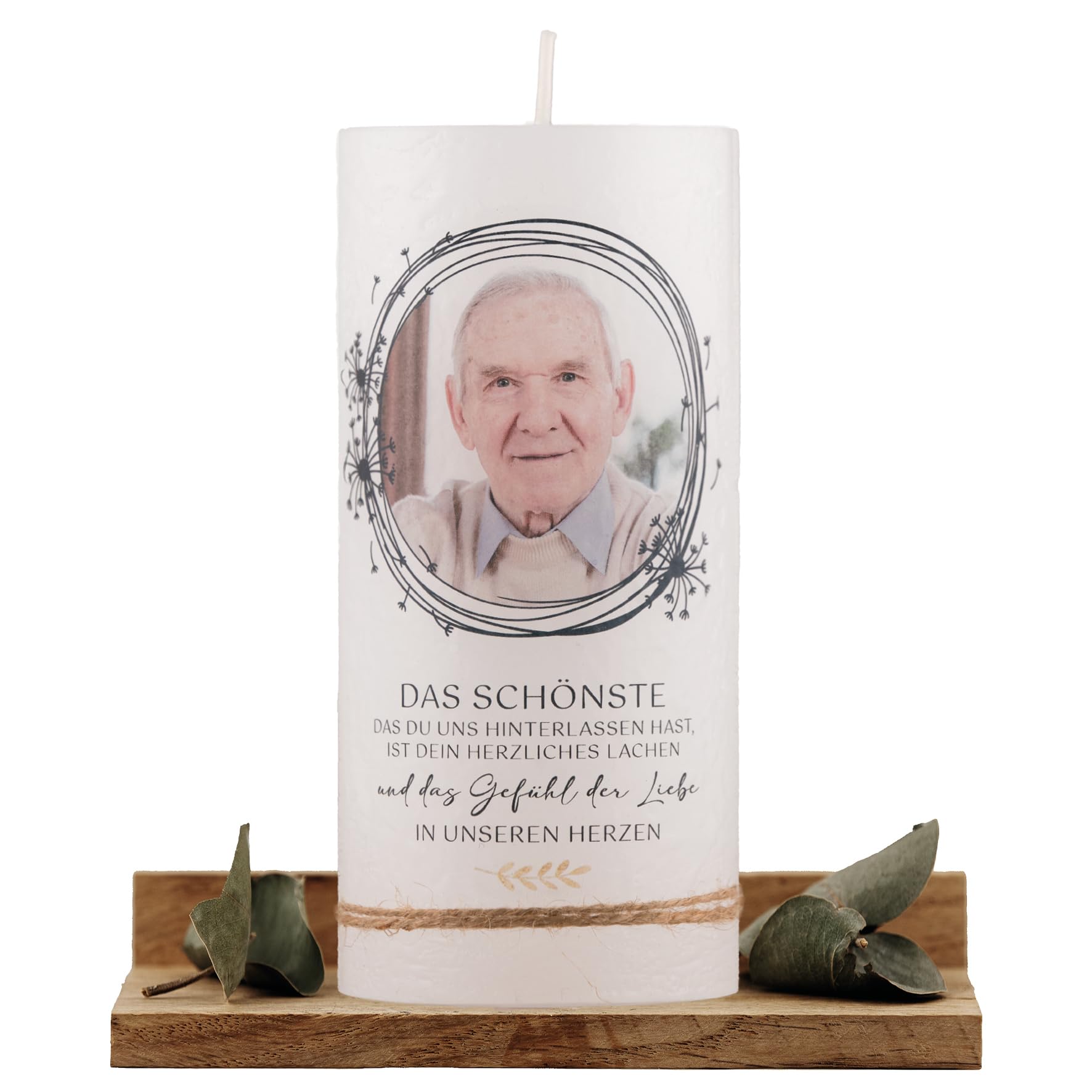 Personalisierte Trauerkerze mit Foto | moderne Rustikkerze 7x20 cm | Gedenkkerze | Erinnerungskerze | Individuelle Kerze zum Abschied | Fotokerze (Foto Kreis Puste, Klein - 7x15)