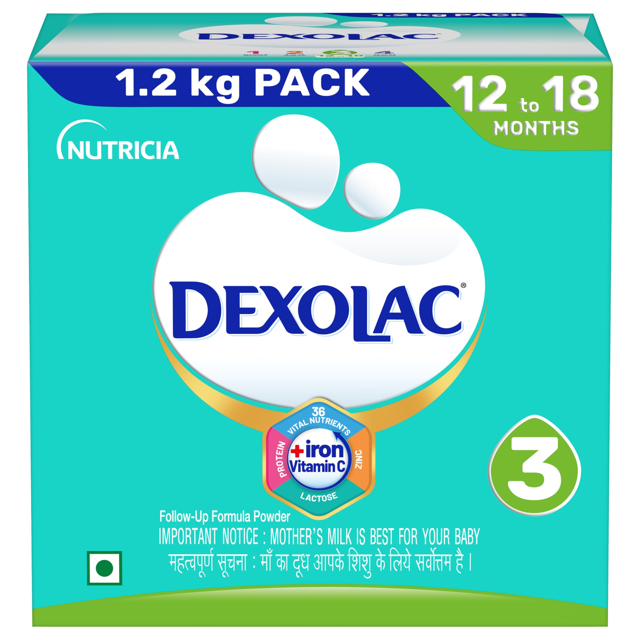 Dexolac Infant Formula Milk Powder for Babies - Stage 3 (12-18 Months) - with 36 Vital Nutrients - 1.2 kg - BIB Pack