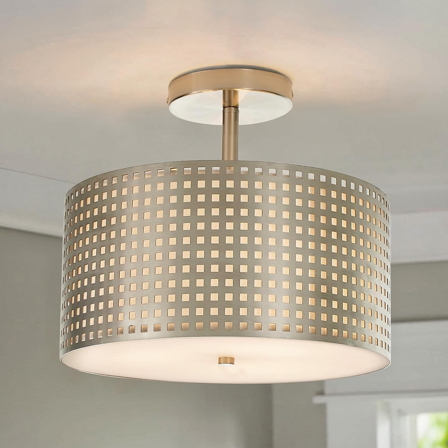 Ceiling Light Fixture - Easric 3-Lights Semi Flush Mount Ceiling Light Modern Light Fixtures Ceiling Mount with Metal Fabric Shade Drum Ceiling Lights for Bedroom,Hallway,Kitchen,Brushed Nickel Finish