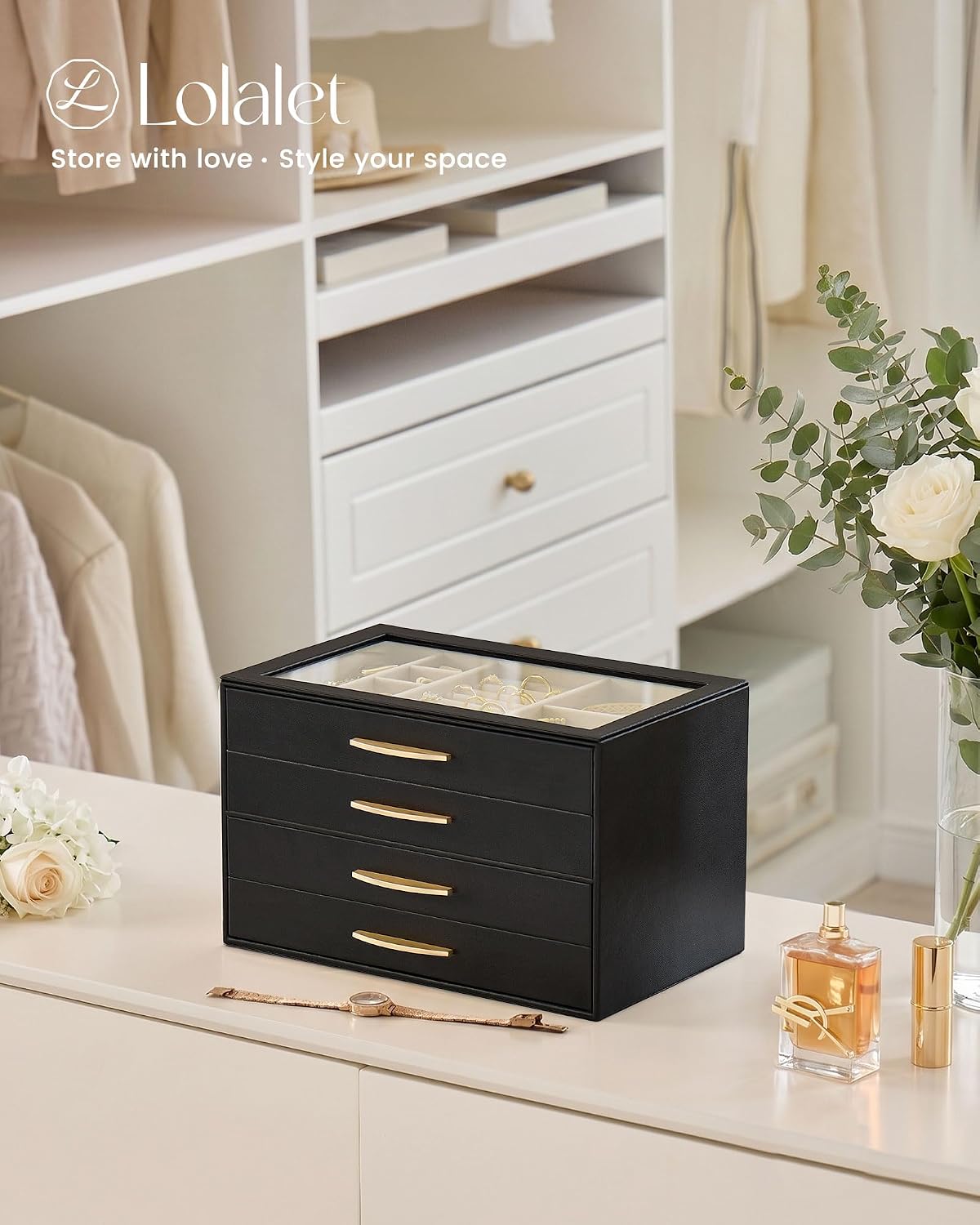 Lolalet Jewelry Box Organizer Case with Glass Lid for Women -4Layer, Black