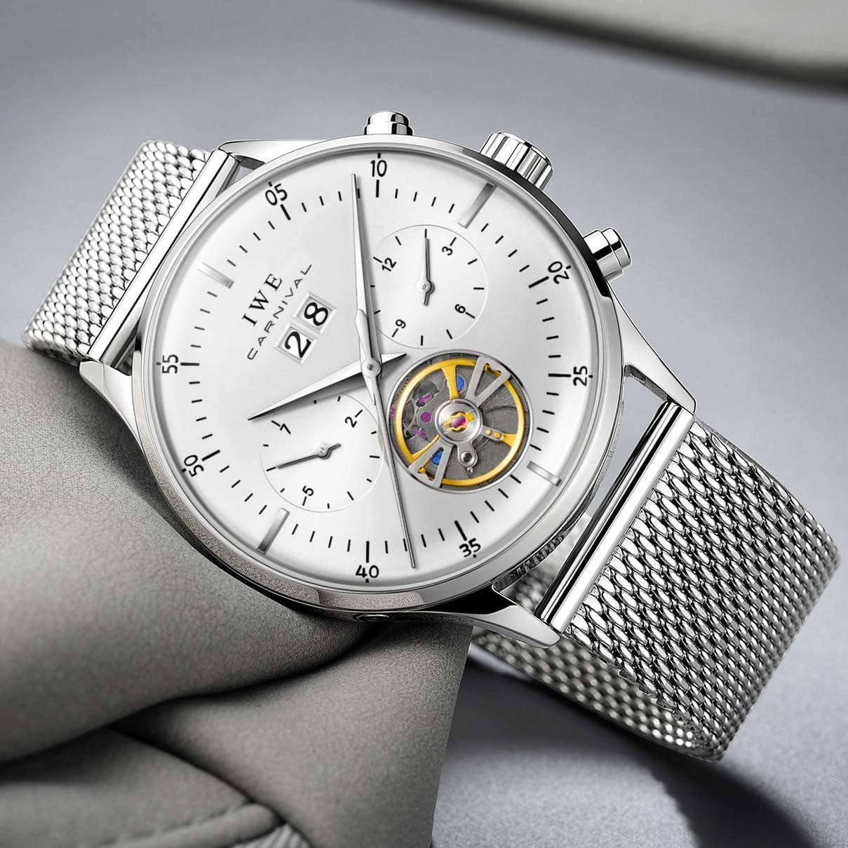 MASTOP Swiss Brands - Orologio meccanico automatico da uomo, con cinturino in acciaio inossidabile, orologio da polso classico con calendario, datario, impermeabile, scavato