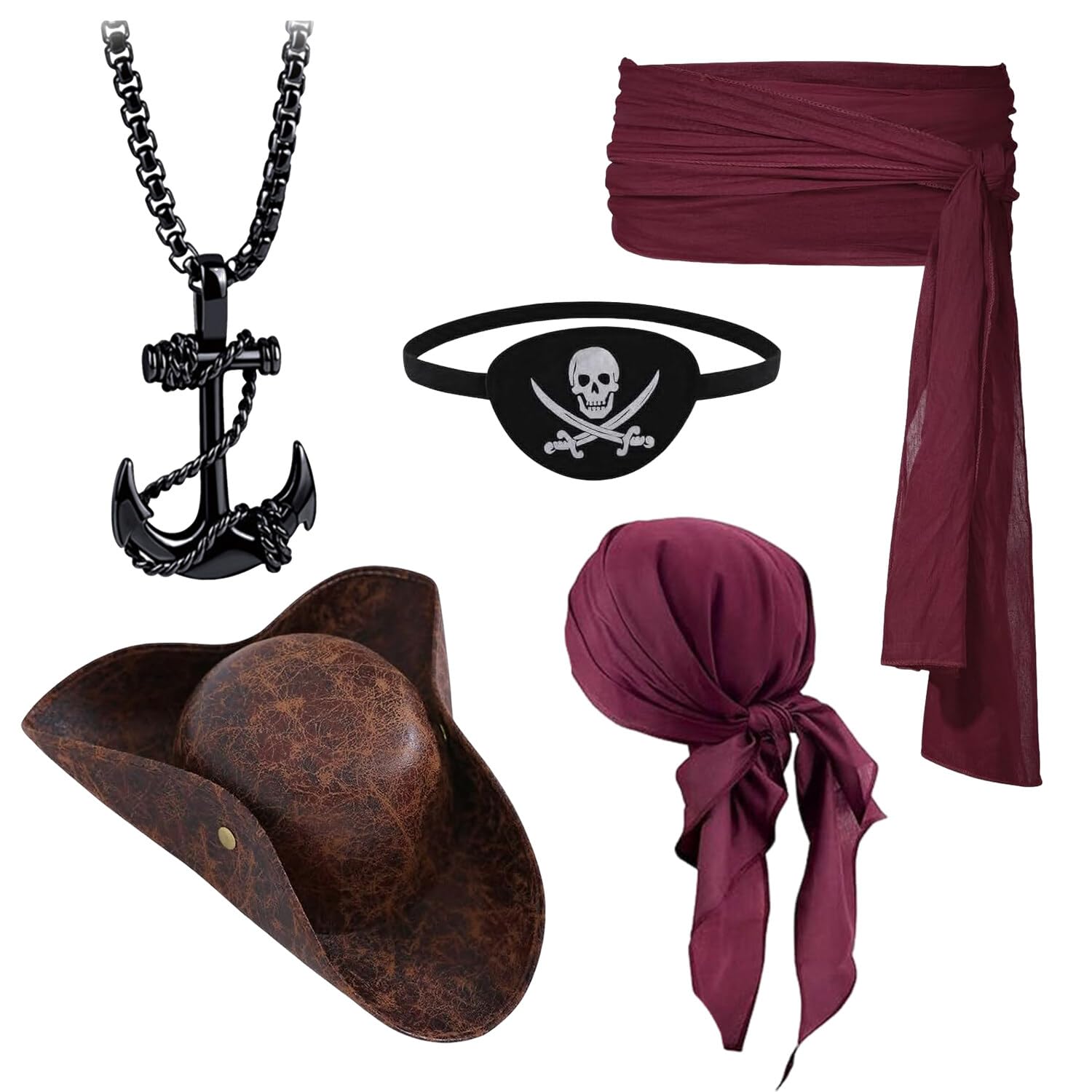 Kecartu 5Pcs Pirate Costume Accessories Set for Women Men, Pirate Outfit Kit, Pirate Fancy Dress with Hat Sash Belt Headscarf Eye Patch Anchor Necklace for Halloween Cosplay Party