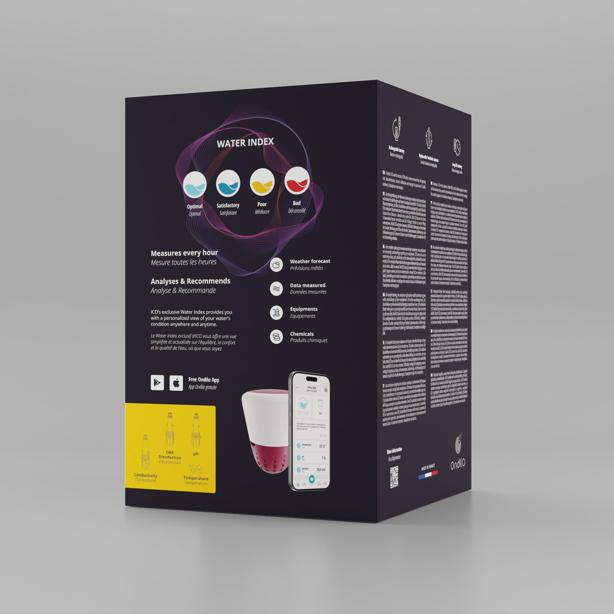 Ondilo ICO SPA V2 Essential+ Sale - Analizzatore d'acqua elettronico per piscine trattate con sale - Misurazioni ogni ora pH, ORP, TDS e temperatura dell'acqua - Kit di calibrazione incluso
