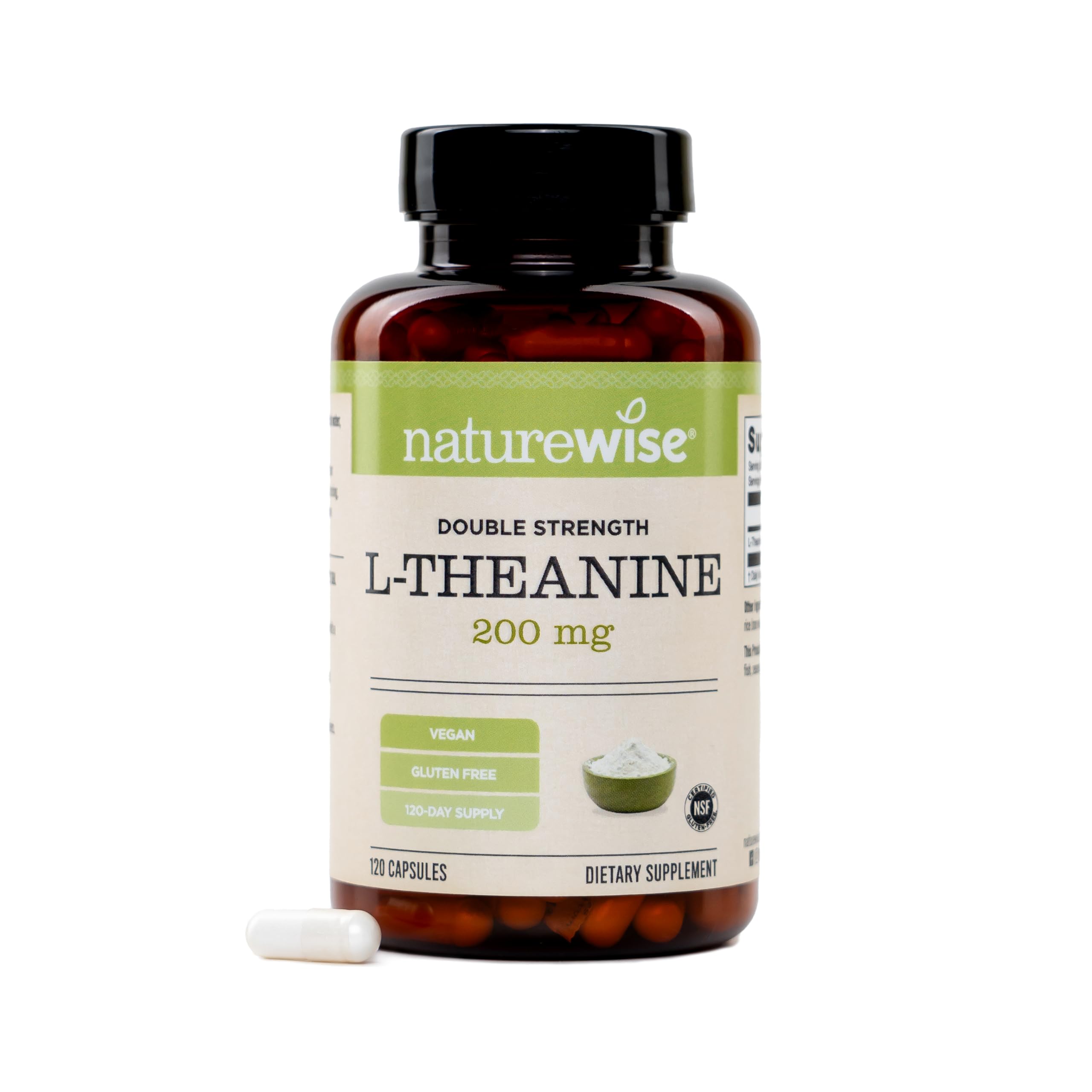 NatureWise Double Strength L-Theanine 200mg - Vegan L Theanine Supplement for Relaxation + Sleep Support - NSF Gluten-Free Certified - Non-GMO, USA Manufactured