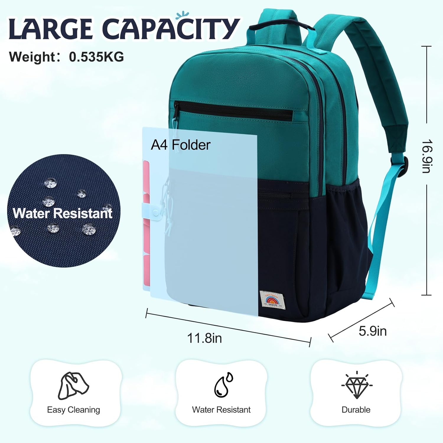 VASCHY School Backpack, Lightweight Classic Cute Aesthetic Bookbag Daypack for Teen Boys Traveling/Gym/Middle School Navy Green - Image 2