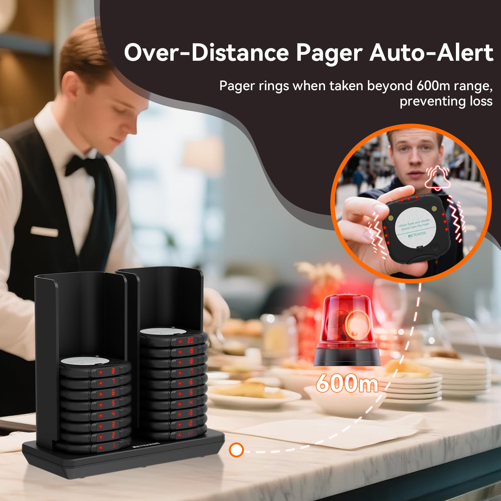 Retekess TD186 Cercapersone Ristorante, 600M Pager Ristorante, 20 Cercapersone, Design Anti-Ribaltamento, 3 Livelli di Volume, 3 Intensità di Vibrazione, 300 mAh Disk Pager Per Food Truck, Bar, Hotel