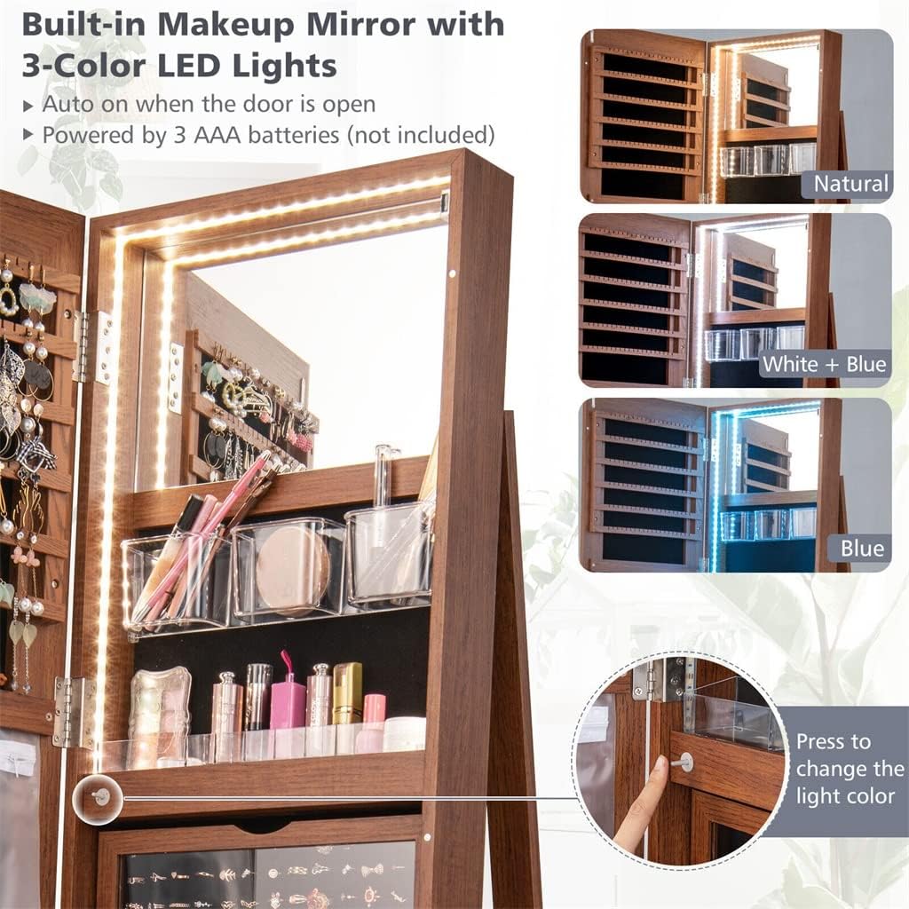 360° Rotating Mirror Jewelry Wardrobe 3 Colors LED Pattern Lockable Brown Bedroom Furniture (Color : A, Size : 21.5x21.5x63.5 inches)