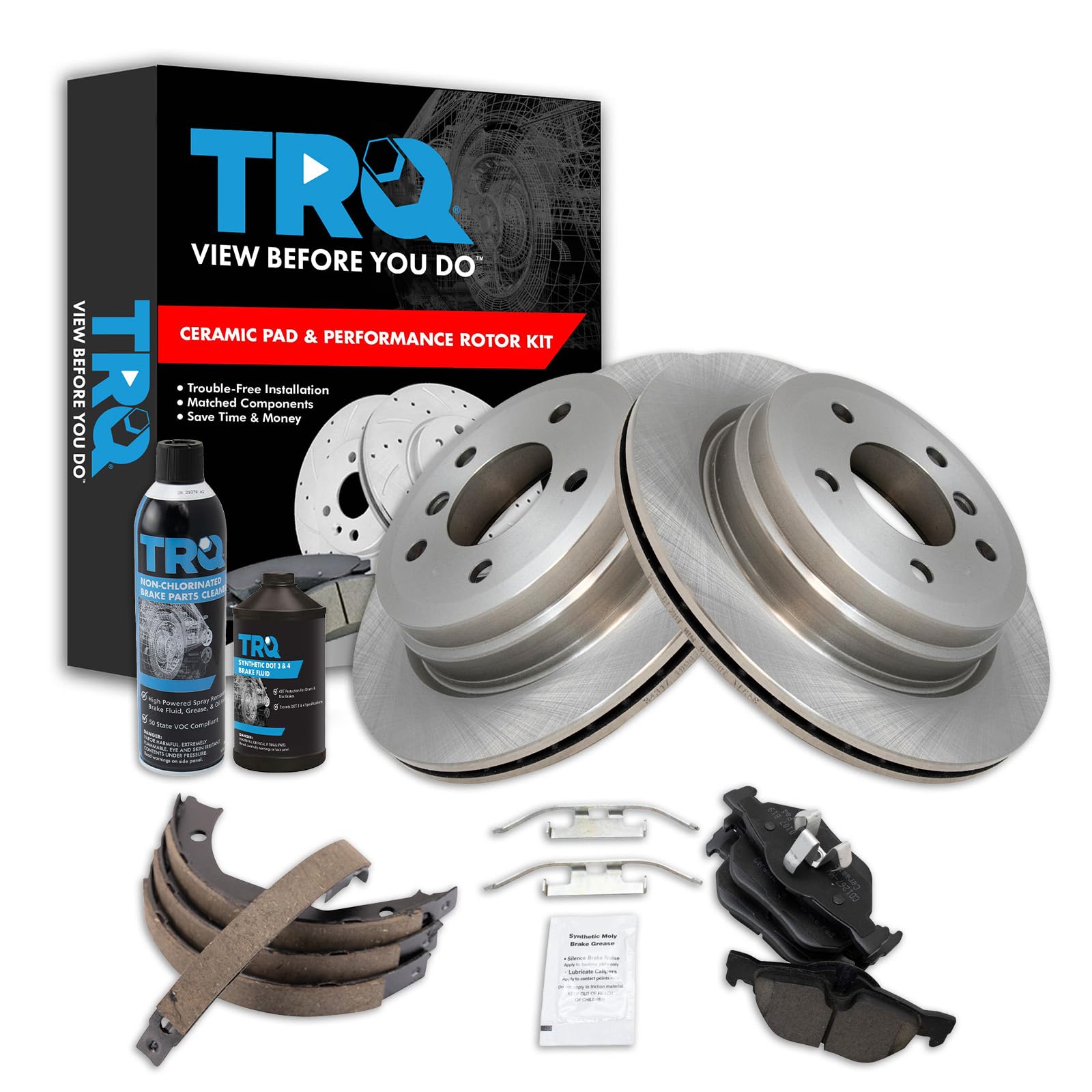 TRQ Rear Brake Pad &amp; Rotor Kit, with Chemical Kit Parking Brake Shoe Set Ceramic Compatible with 2007-2013 BMW 328i 2009-2013 328i xDrive 2007-2008 328xi 2013-2015 X1