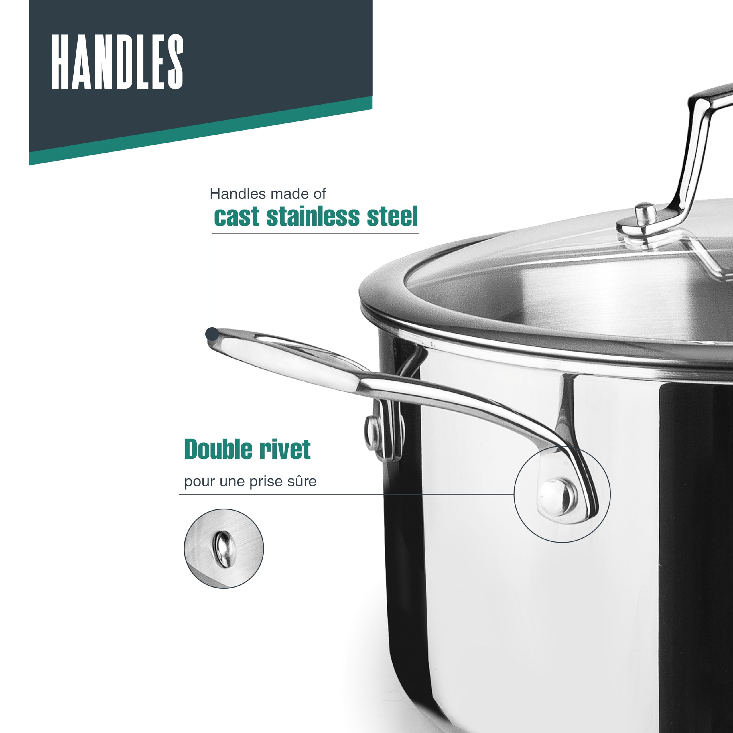 Lacor - 60870 - Trichef Kasserolle, 3 L, 20 cm, Edelstahl 18/10 und 1060-Aluminium, dreilagig, Griffe und Knopf aus Stahlguss, Geeignet für Induktion, Backofen und Spülmaschine