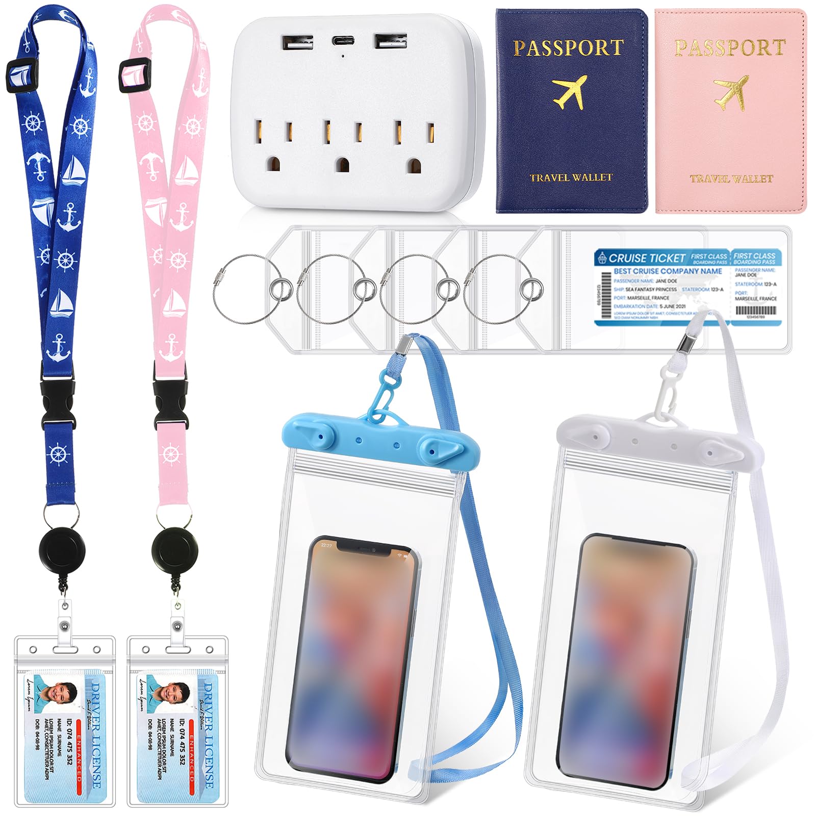 Qilery Kit de 11 piezas esenciales para cruceros 2026, 2 cordones de crucero para tarjetas de barco, 4 soportes impermeables para etiquetas de equipaje con lazo de metal, 2 soportes para pasaporte, 2