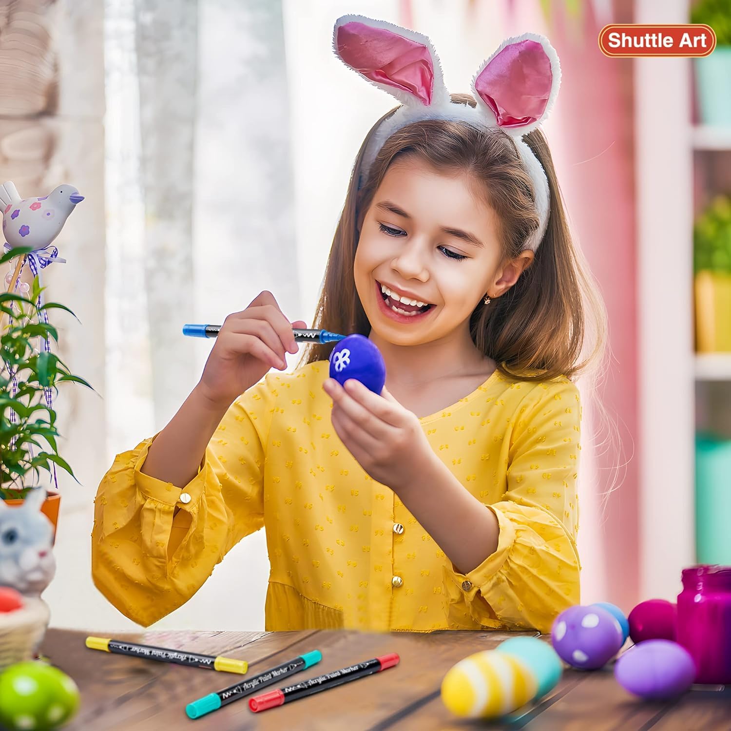 Shuttle Art Kredki akrylowe do kamieni, wodoodporne, 48 kolorów, zestaw pisaków, dwugłowicowe markery akrylowe z pędzlem i cienką końcówką, akrylowe pisaki do drewna, jajek wielkanocnych, szkła