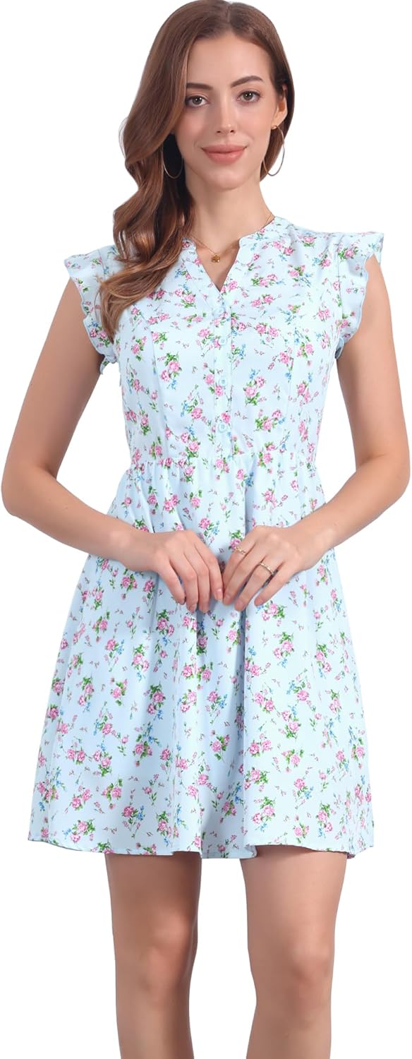 Allegra K Women's V Neck Flutter Sleeve Ruffle A-Line Flowy Chiffon Dress