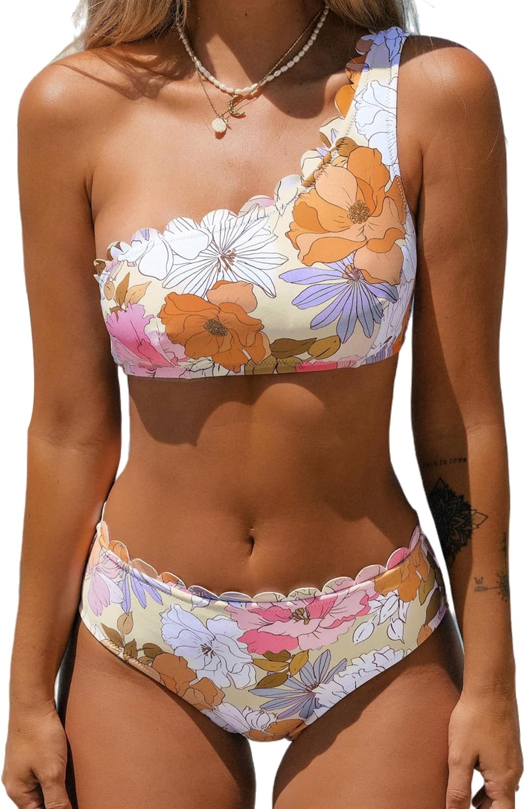 Women's Bikini Sets Two Piece Bathing Suit One Shoulder Scalloped Wide Strap Back Hook