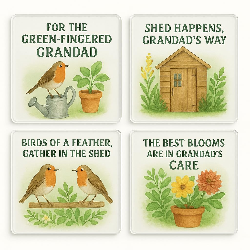 The Plum Penguin Shed Serenity Acrylic Coaster Set Of 4 With Grandad's Shed Watercolour Art - Heartfelt Garden Quotes For Grandad's Birthday Surprise