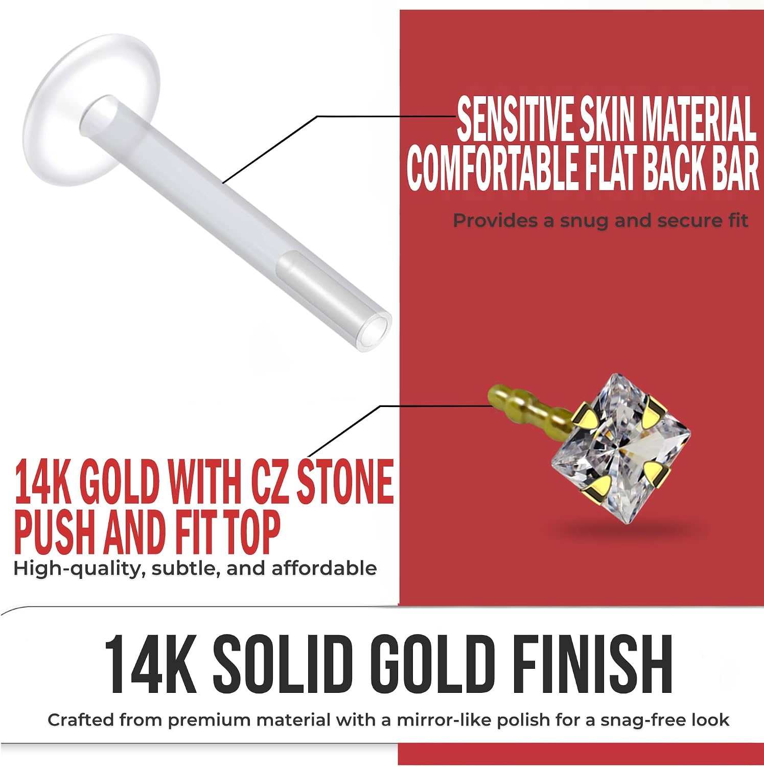 14K Yellow Gold Claw Set Square CZ Stone Push Fit Top 16 Gauge UV Bioplast Labret Tragus Piercing - Cartilage Earring -Helix Stud- Conch Piercing Stud