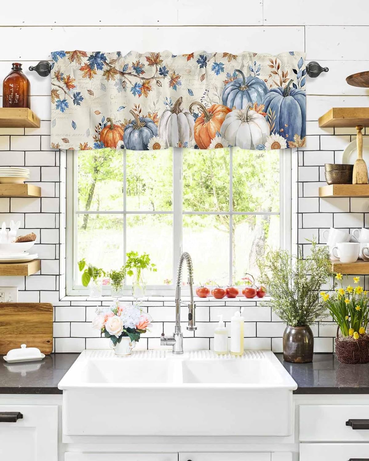 Thanksgiving Curtain Valance for Kitchen Window, Orange Watercolor Pumpkin Linen Texture Privacy Farmhouse Curtain, Rod Pocket Window Treatments Curtains for Living Bathroom Bedroom Decor,60"Wx18"L