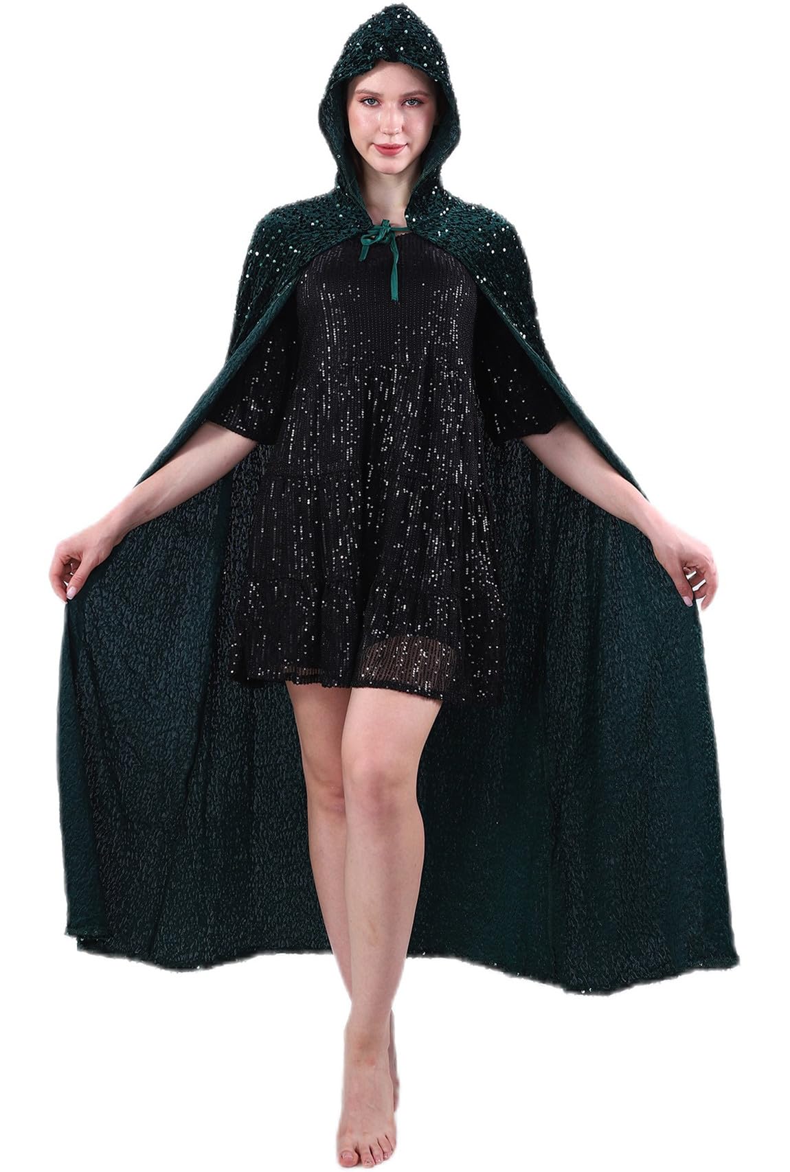 Awlsyj Womens Hooded Cloak Long Velvet Cape Halloween Costumes Robe Masquerade Party Role Cosplay (Sequin Dark Green) โ image 1