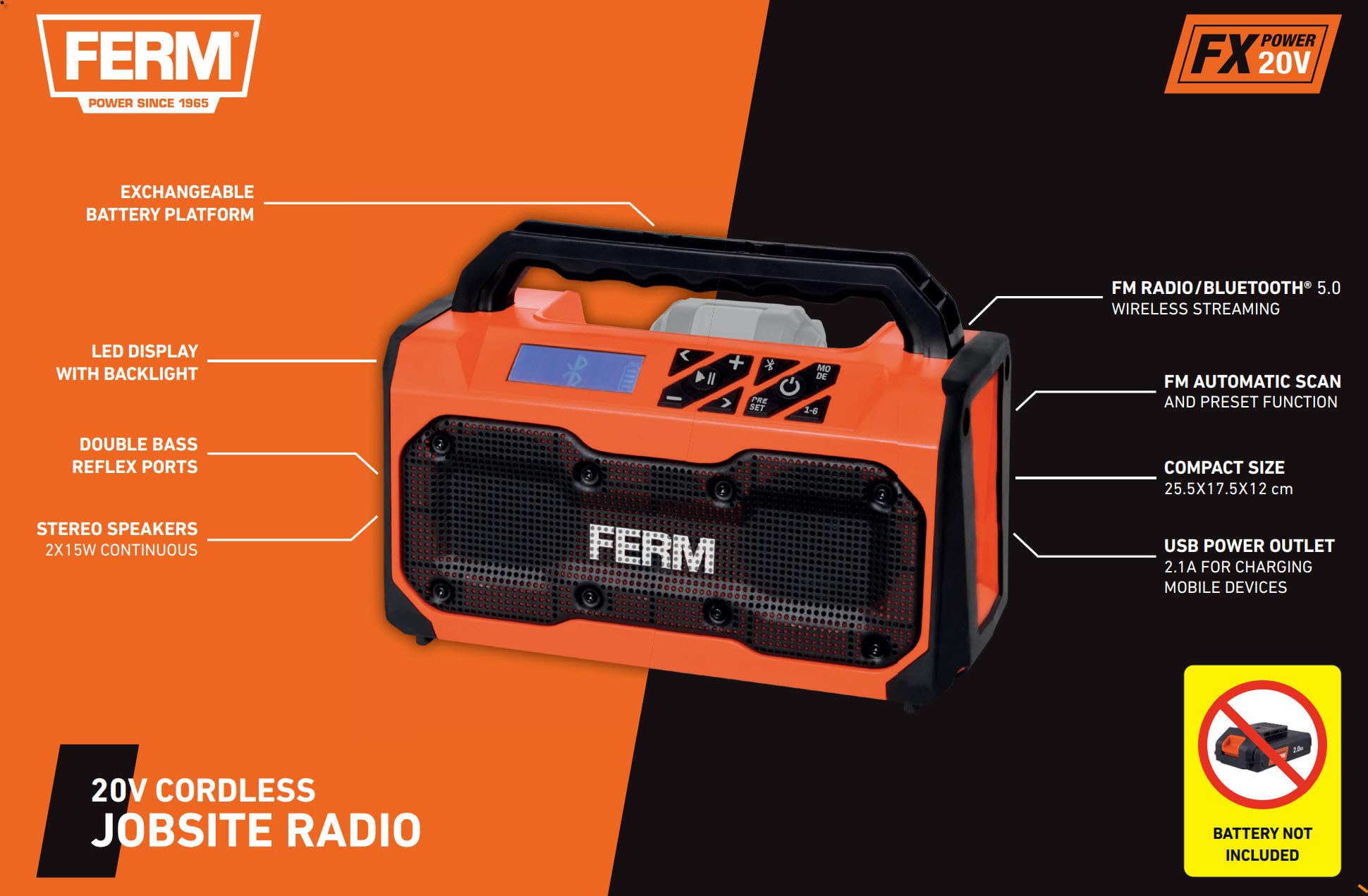 FERM Radio de Obra Bluetooth 20V – Altavoz Estéreo Inalámbrico con Puerto de Carga USB y Radio FM – Pantalla LED y Antena Telescópica – Serie AX/FX-Power (Sin Batería ni Cargador)