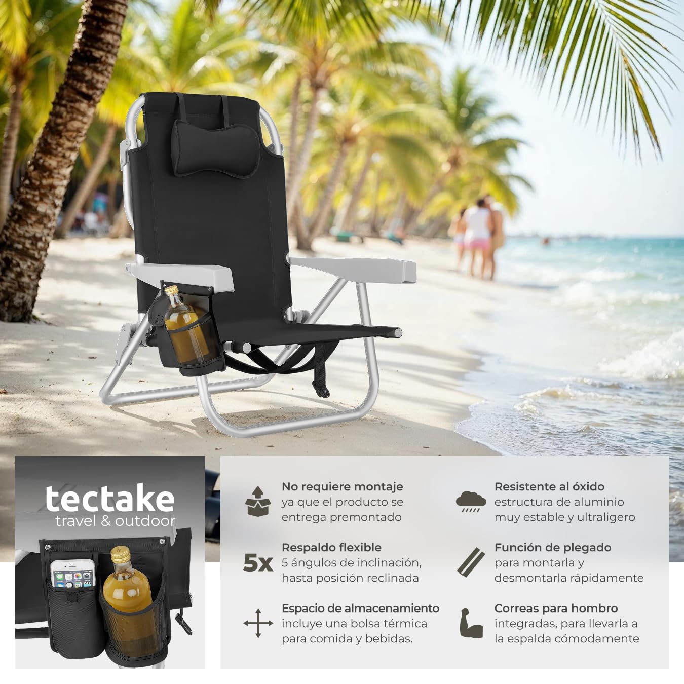 tectake® Silla Playa Plegable con Respaldo Ajustable, Estructura de Aluminio, Función Mochila, Silla Camping Ligera, Ideal cómo Sillas Playa o Sillas Plegables Camping para Relax - 1 Unidad Negro