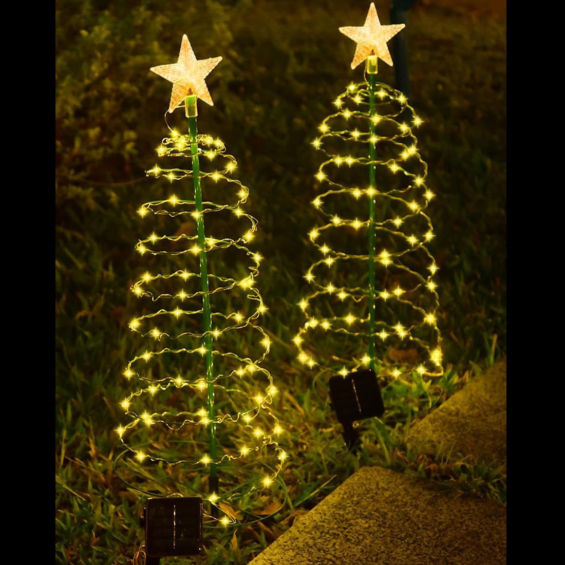 2 Pack Solar Spiral Christmas Trees with Warm White Lights, 36" Outdoor Light Up Xmas Pathway Markers with Stake, Auto On/Off & Waterproof Lights for Winter Patio Yard Walkway Driveway Decor