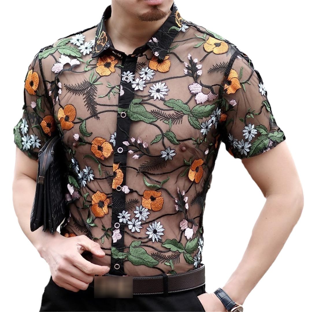Yeuyyben Men's Short Yellow Transparent Shirt Sexy See Through Mesh Shirt Embroidery Lace Club Party Shirt Floral Shirt