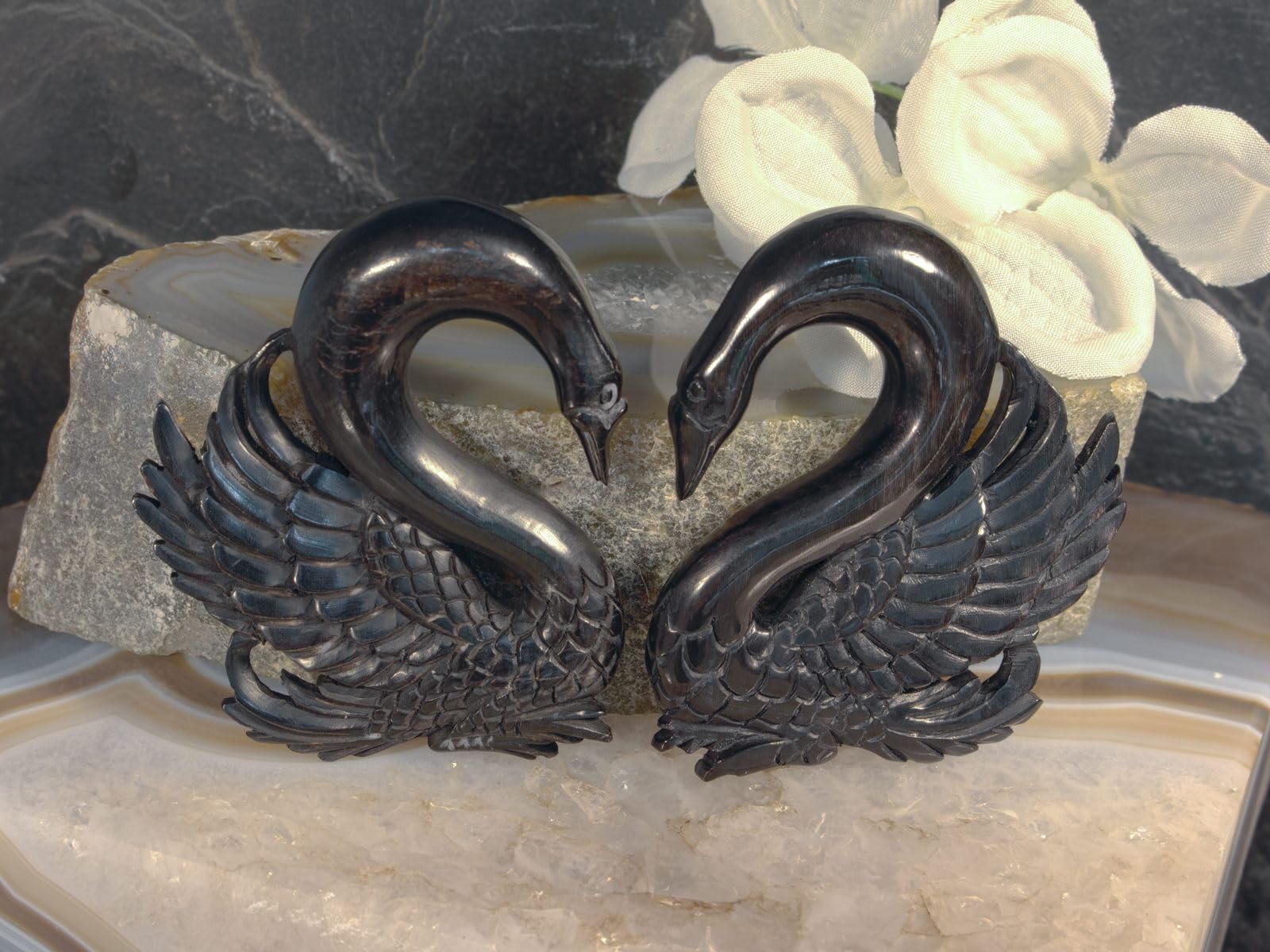Fly Style Piercing Ohr Expander aus Horn oder Knochen - Schwan Dehnschnecke Dehnspirale Dehnungsschnecke Dehnsichel, Grösse:10 mm (Paar), Farbwahl:schwarz