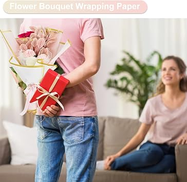 Flower Wrapping Paper, 40 Sheets Bouquet Wrapping Paper Ribbon and Scissors