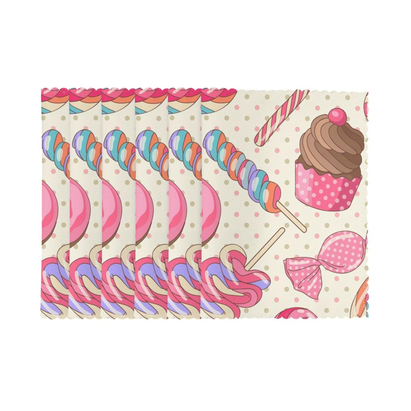 6 PCS Heat Resistant Placemat 45x30 CM, Colorful Sweet Lollipop Cupcake Donut Printed Non-Slip Place Mats for Kitchen Dining Table Indoor Outdoor