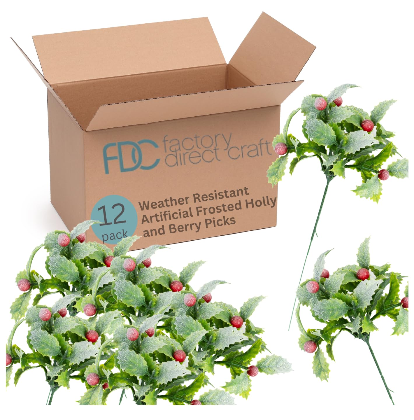 Factory Direct Craft Weather Resistant Frosted Holly and Berry Picks - Set of 12 Fake Holly Stems for Indoor and Outdoor Holiday Decorating (9-1/2 Inches High)