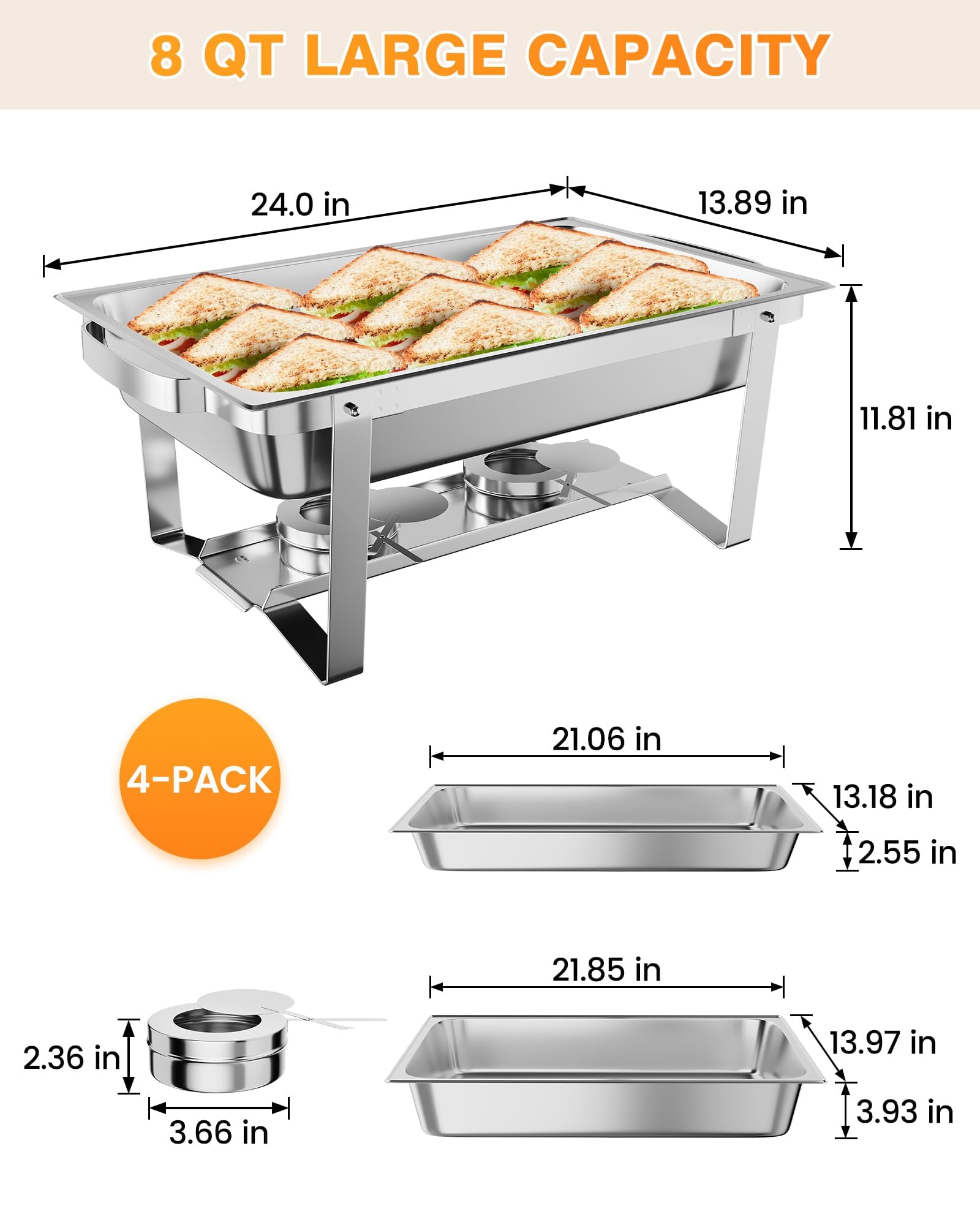 Chafing Dish Buffet Set 9L, 4-teilig, Rechteckige Edelstahl Warmhaltebehälter mit Wasserbehälter, Deckelhalter, Brenner, Professionelle Speisewärmer für Buffet, Catering, Bankett