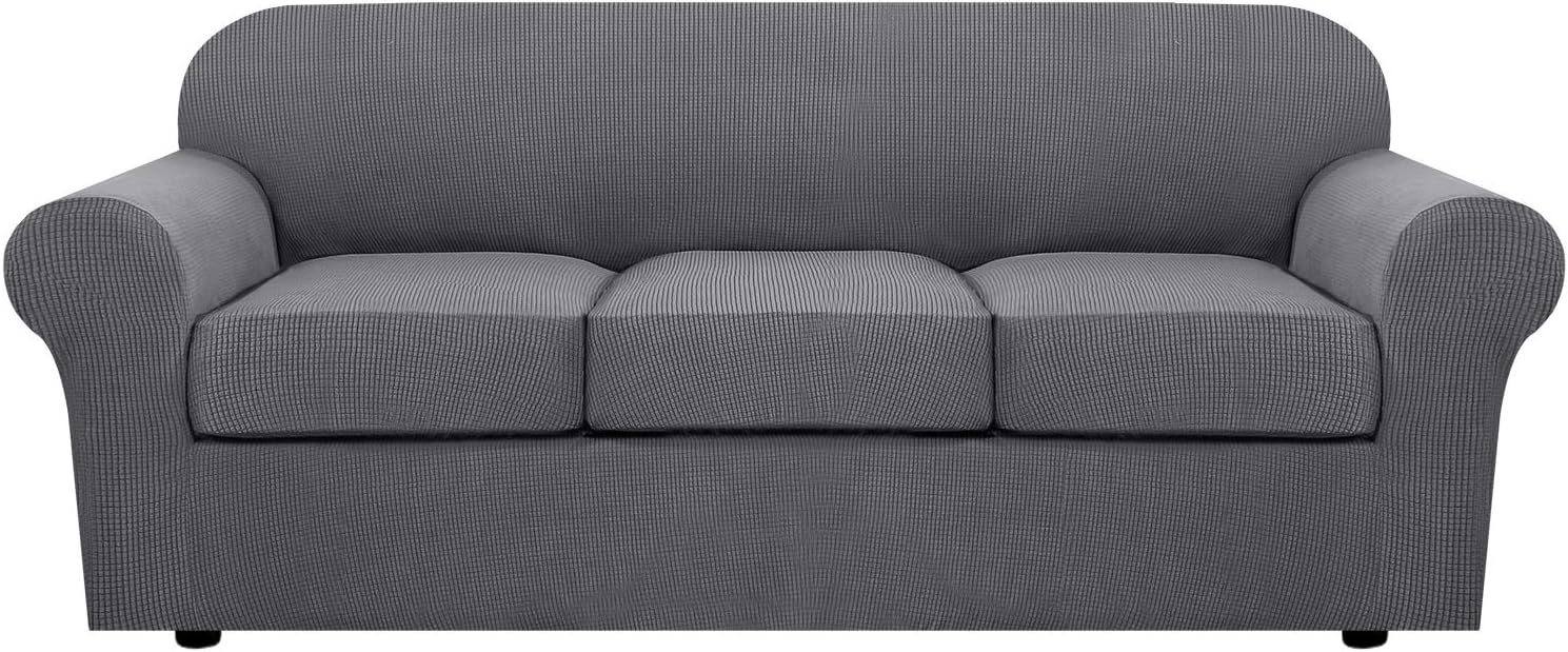 H.VERSAILTEX 4 Piece Stretch Sofa Covers for 3 Cushion Couch Covers for Living Room Furniture Slipcovers (Base Cover Plus 3 Seat Cushion Covers) Upgraded Thicker Jacquard Fabric (Sofa, Grey)