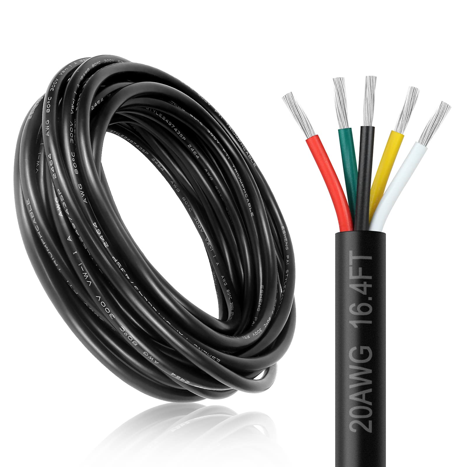 20 Gauge 5 Conductor Electrical Wire, 16.4FT 20AWG Black PVC Stranded Tinned Copper 5 Wire Cable, 20/5 Extension Cable for LED Lamp Lighting, Automotive, Speaker, Access Control, etc.