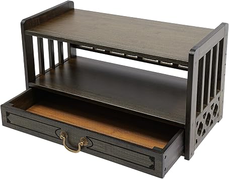 Bamboo Meditation Table Altar Table with Drawer 2-Tier Coffee End Table Desktop Organizer for Displaying Jars, Teapots, Plants and Books, 20.4x9.8x11in Black Brown