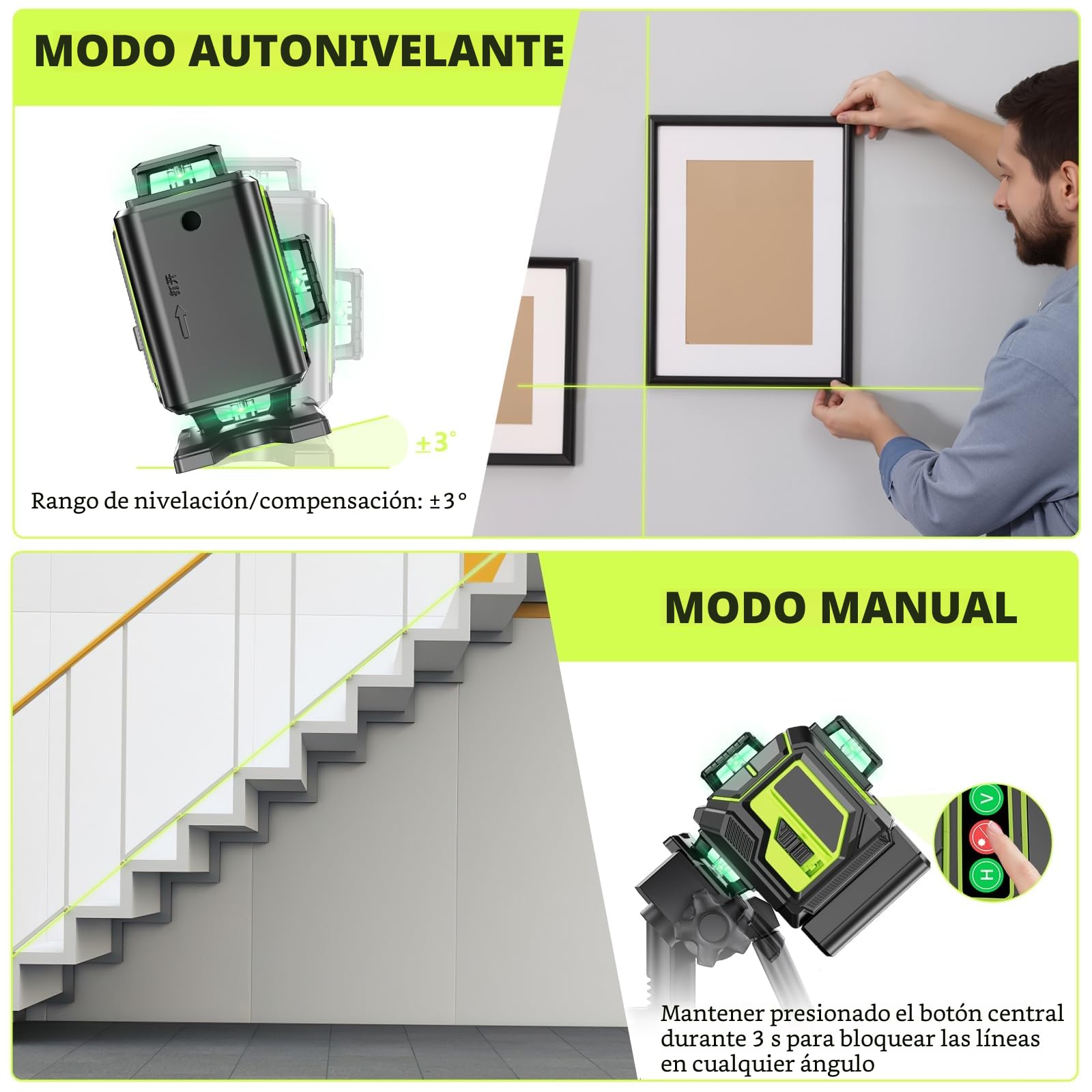 Nivel Laser Autonivelante 360 Grados con Trípode, Nivel Láser Verde 16 Líneas, 2 x 360 Horizontal y 2 x 360 Verticales, 2 x Batería, Montaje en Pared, Control Remoto, Base Magnética, Soporte Giratorio