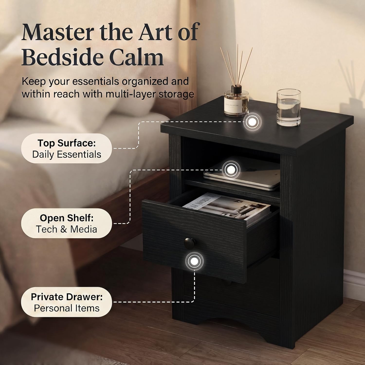 YESHOMY Nightstand Set of 2, Farmhouse Night Stand with 2 Storage Drawers and Open Shelf, Bedside Tables for Bedroom Small Space, Black