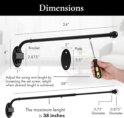 Miniatura 3 de MERIVILLE Barra de cortina con brazo oscilante de 24"-38", diámetro de 12", negro, 2 piezas