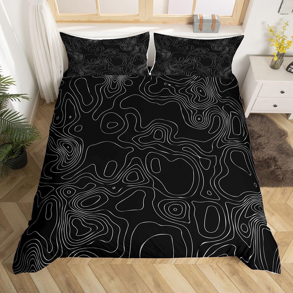jejeloiu Galaxy Print Bedding Set for Kids Boys Girls Stylish Topographic Contour Design Comforter Cover Set Queen Size Geometric Duvet Cover Black White Bedding Collection 3Pcs