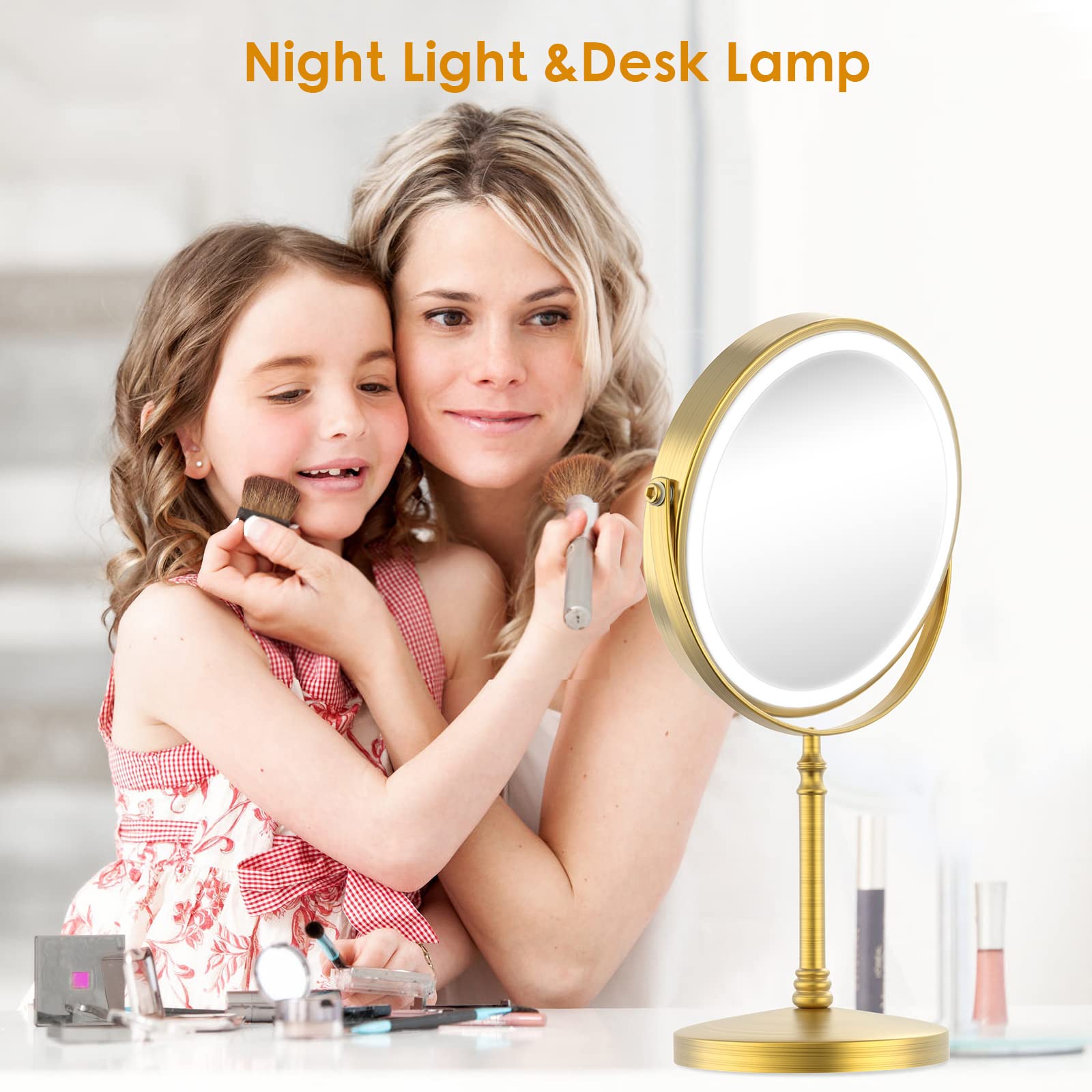 Lighted Makeup Mirror, 8" Rechargeable Double Sided Magnifying Mirror with 3 Colors, 1x/10x 360Â° Rotation Touch Screen Vanity Mirror, Brightness Adjustable Magnification Cosmetic Light up Mirror