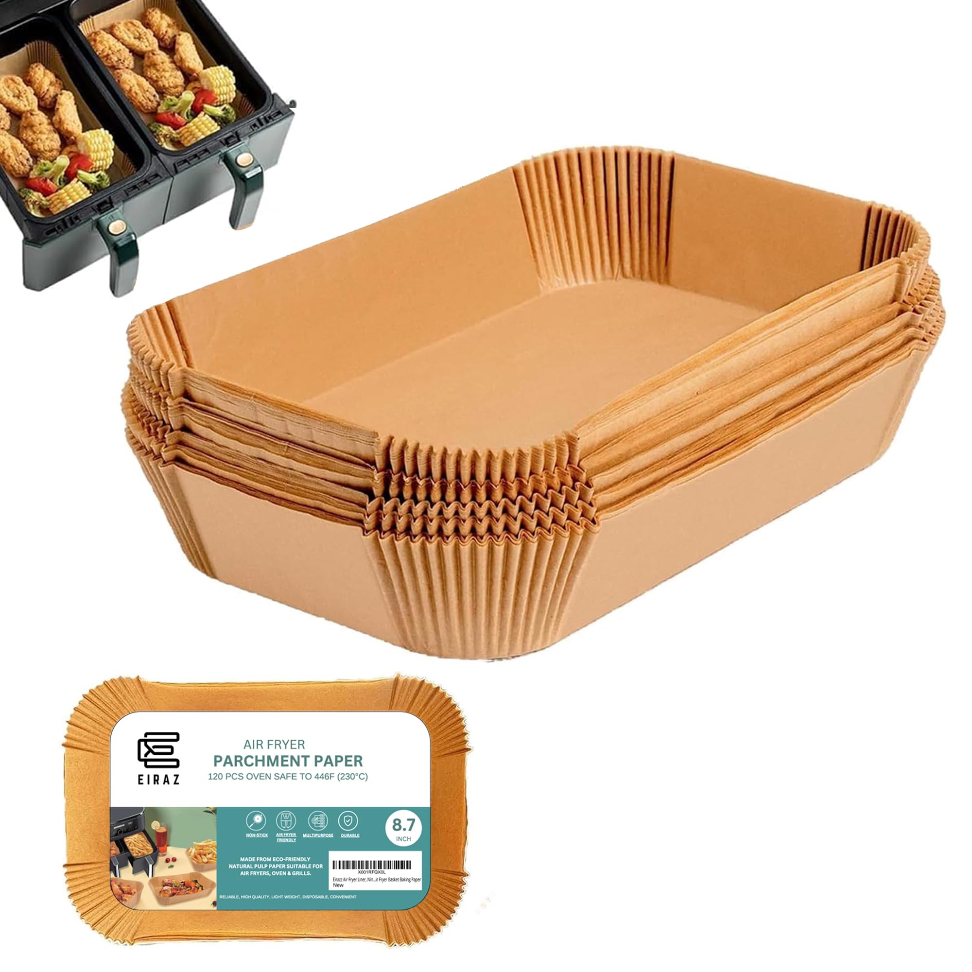 EIRAZ Air Fryer Liners Pack of 120, Disposable Rectangular Air Fryer Accessories, Airfryer Liners for Ninja AF300UK AF400UK, and DualZone Air Fryer (8.7 Inches)