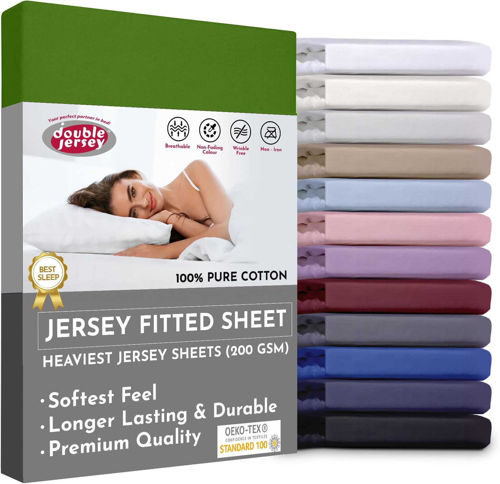 Double Jersey Fitted Sheet 100% Soft Cotton - Double-Knitted High-Fiber Fabric Density, Smooth Non-Iron with All-Around Elastic, Sheets for 32cm Bed Mattress Height - Green, 140x200+32