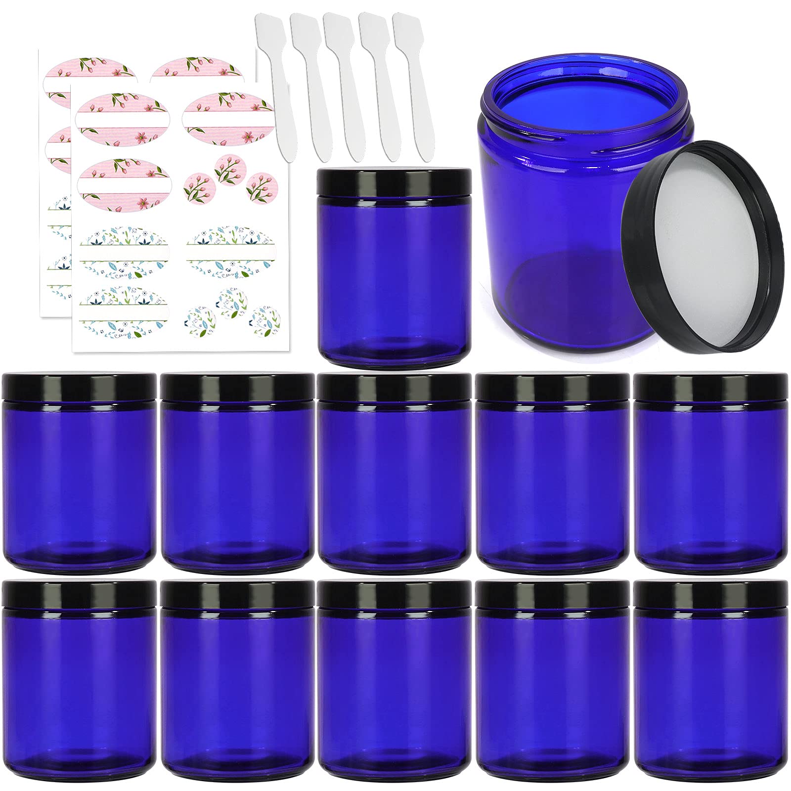 Buy 12 Pack, 8 oz Cobalt Blue Glass Jars with Black Plastic Lids, 240ml