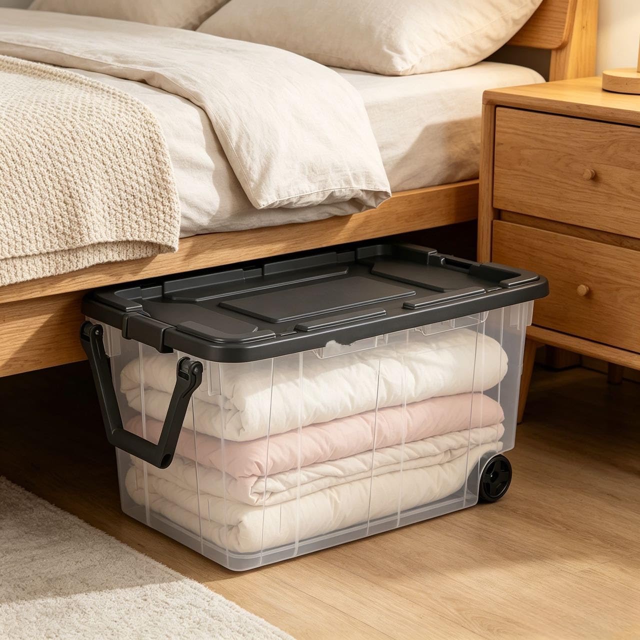 160 Quart Wheeled Stacker, Extra Large Durable Clear Bin, Latch Lid and Pull Handle, Gray, 2 Count
