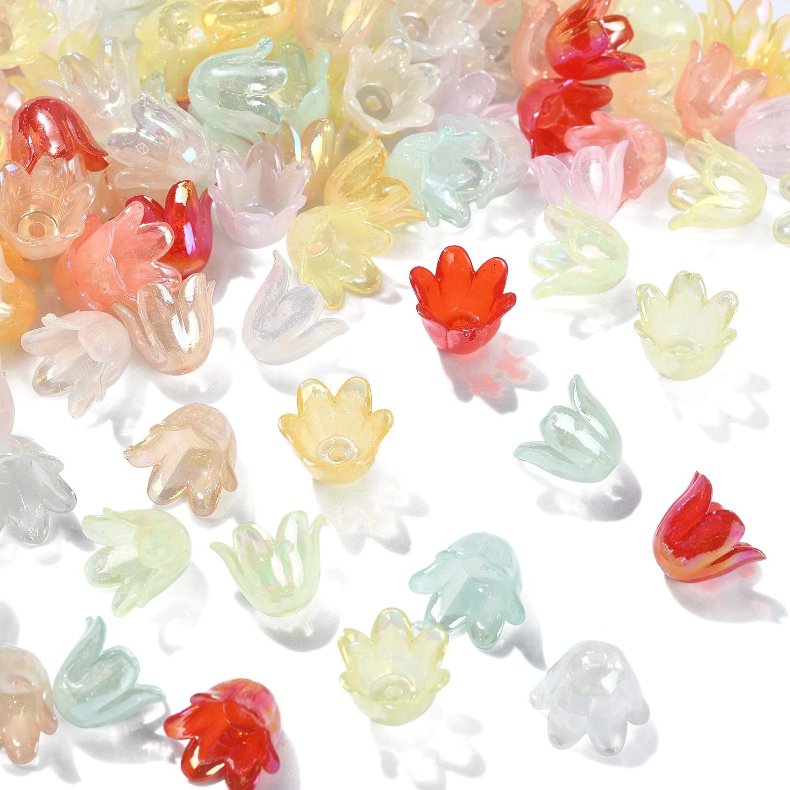 Ipotkitt 300 Pcs Colorful 6-Petal Bell Flower Bead Acrylic Flower Bead Caps AB Color Floral Spacer Beads for DIY Crafts Jewelry Making Accessories
