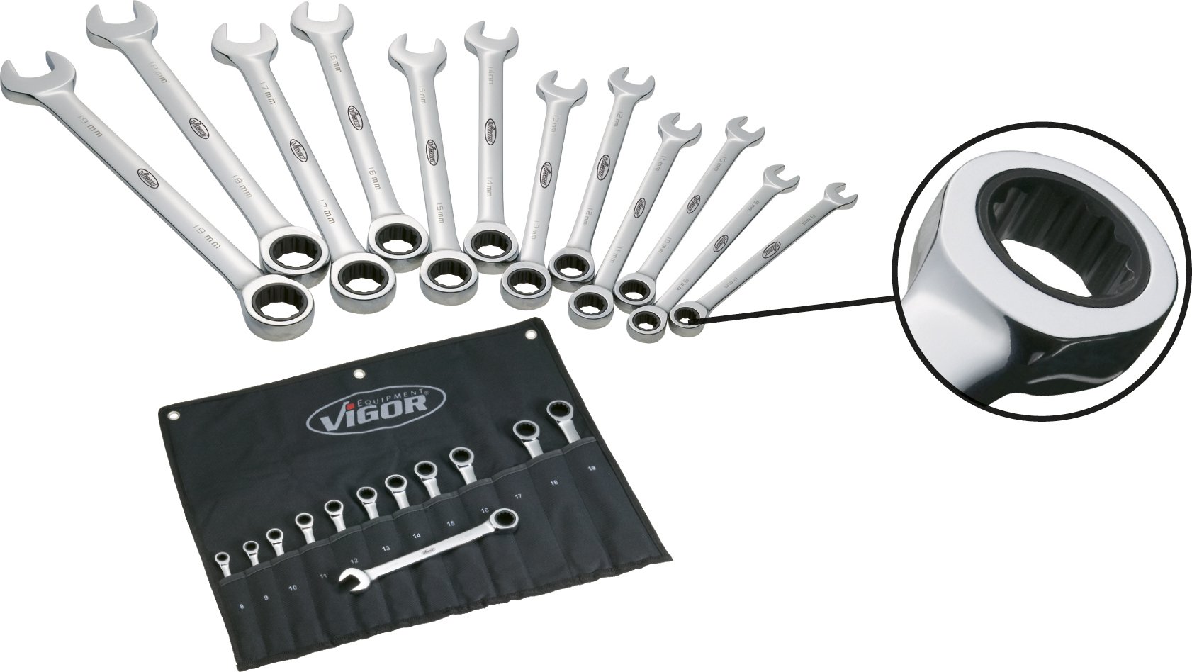 Vigor Zestaw kluczy płasko-oczkowych V1031, 12 sztuk (8-19 mm) w długim stylu