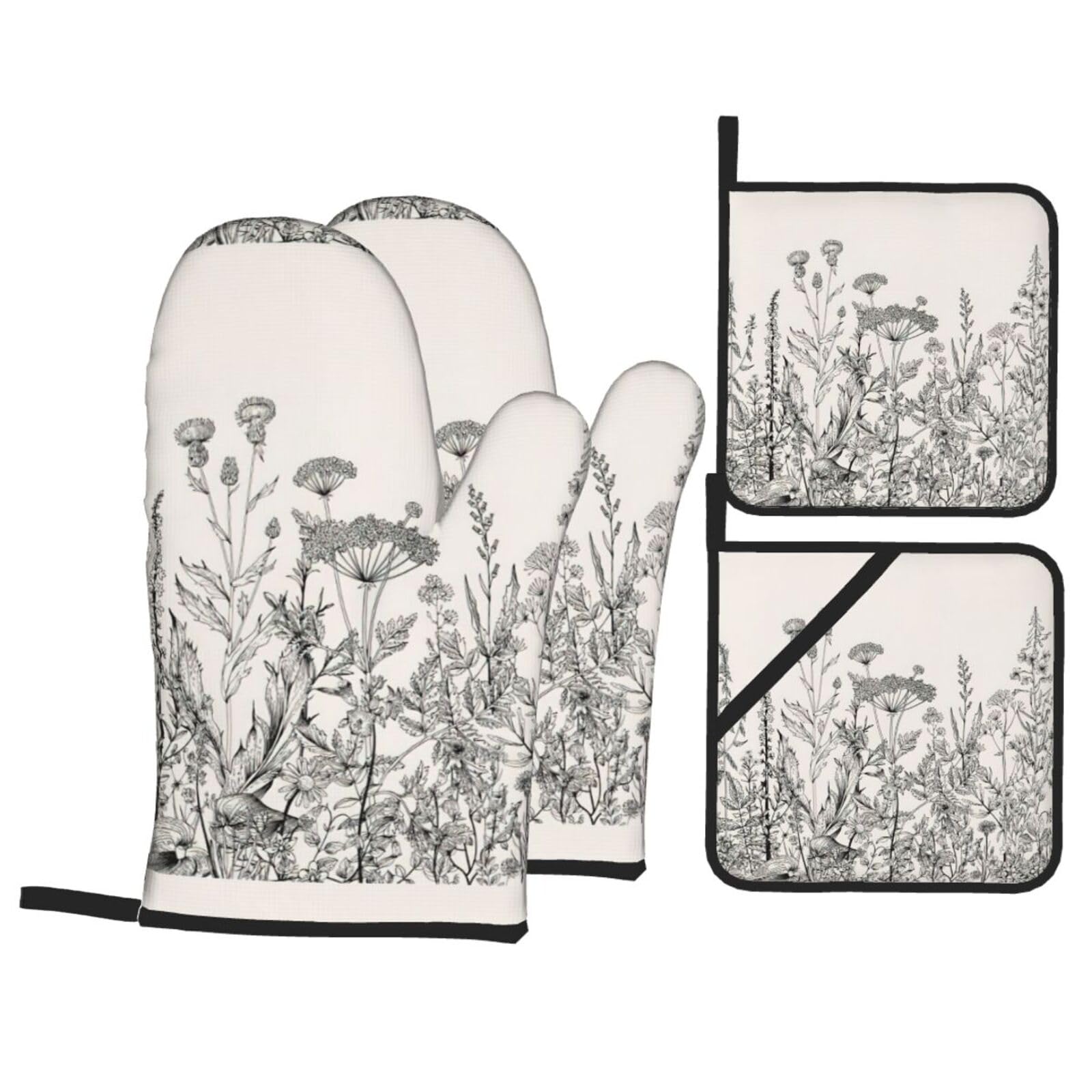 Floral Herbs Botanical Engraving Print Kitchen Oven Mitts And Pot Holders Set,Hanging Loop Design For Cooking Baking Bbq