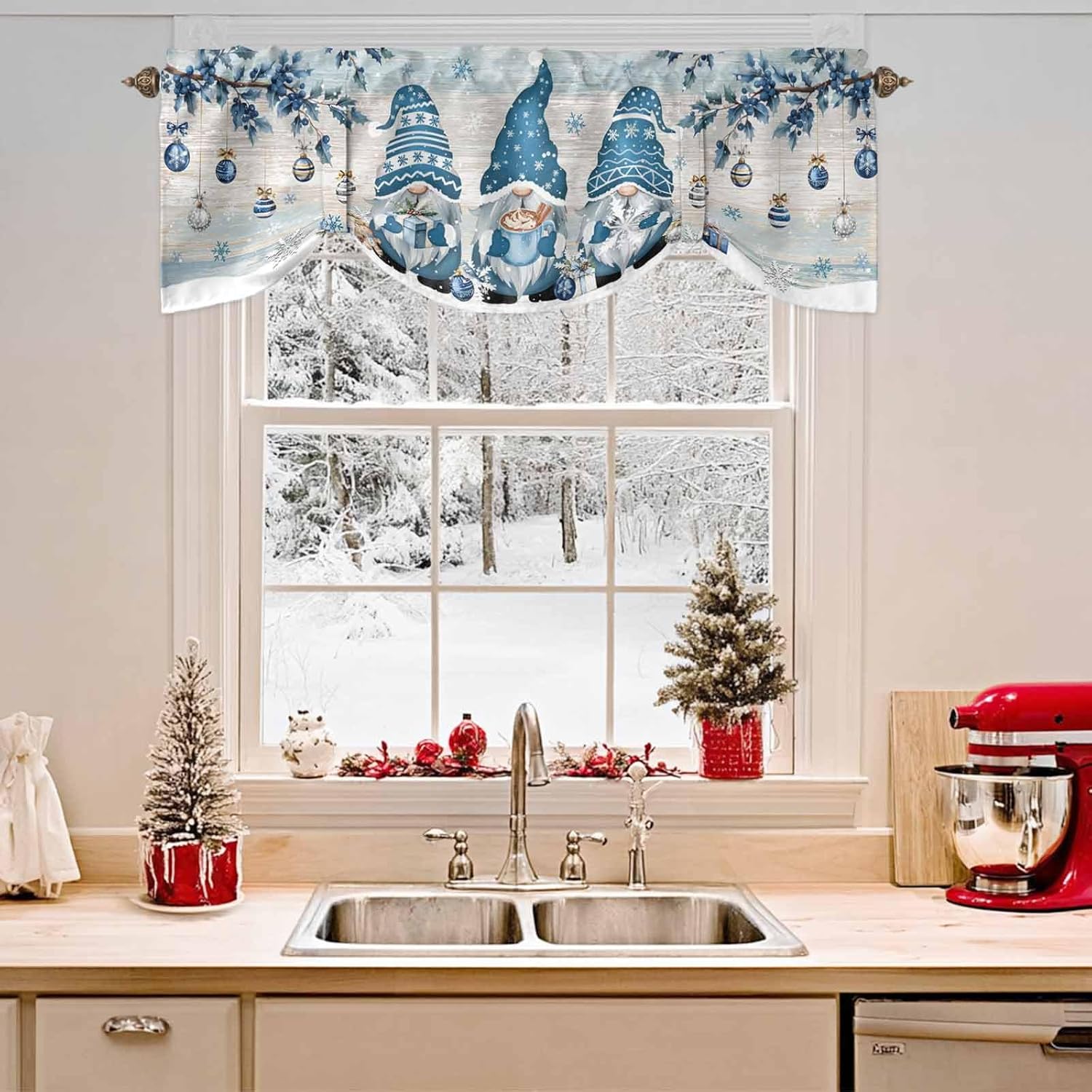 Blue Christmas Gnomes Tie Up Valances for Windows, Winter Xmas Ball Branches Adjustable Valance Curtain for Living Room, Blue Grey Wooden Rod Pocket Kitchen Curtains 1 Panel 60 x 18 in