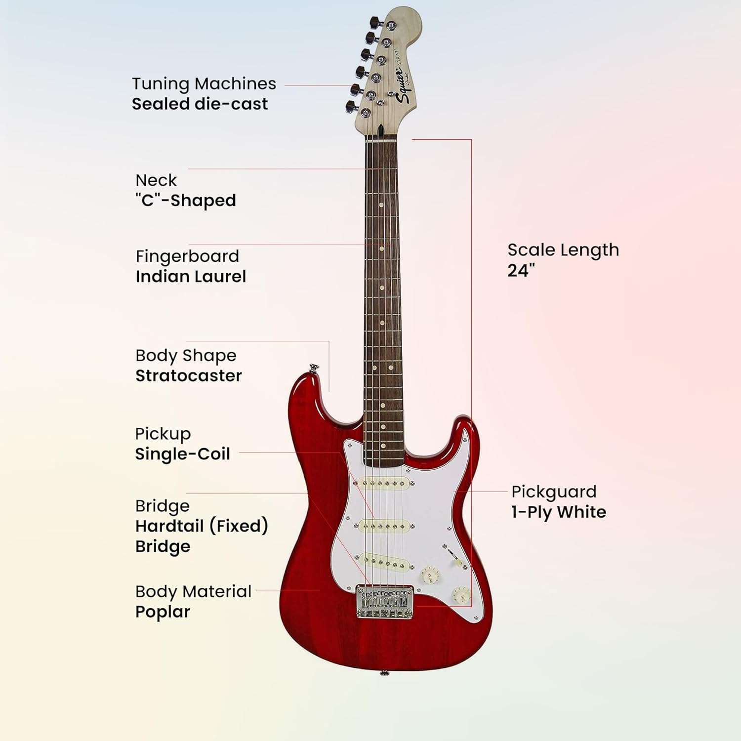 Fender Squier 24-Inch Short Scale Strat Pack - Transparent Red Bundle with Frontman 10G Amplifier, Tuner, Instrument Cable, Strap, Picks, Online Lessons, and Austin Bazaar Instructional DVD