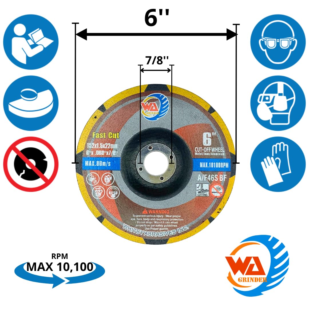 WA - Paquete de 25 ruedas de corte finas centrales deprimidas de 6 x 1/16 x 7/8 pulgadas para discos de corte de metal y acero inoxidable utilizados en amoladora angular de 6 pulgadas de diámetro